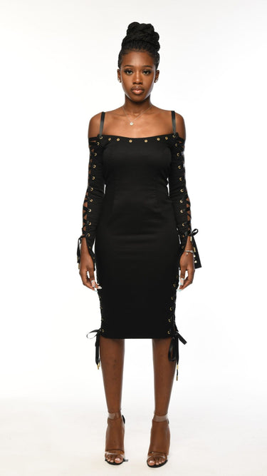 CELESTIAL Alora Black Eyelet Bodycon Midi Dress